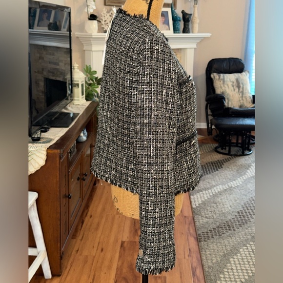 Ted Baker NWT Klaudi Metallic Bouclé black white Tweed Fringe button up Jacket 4 - Picture 6 of 14